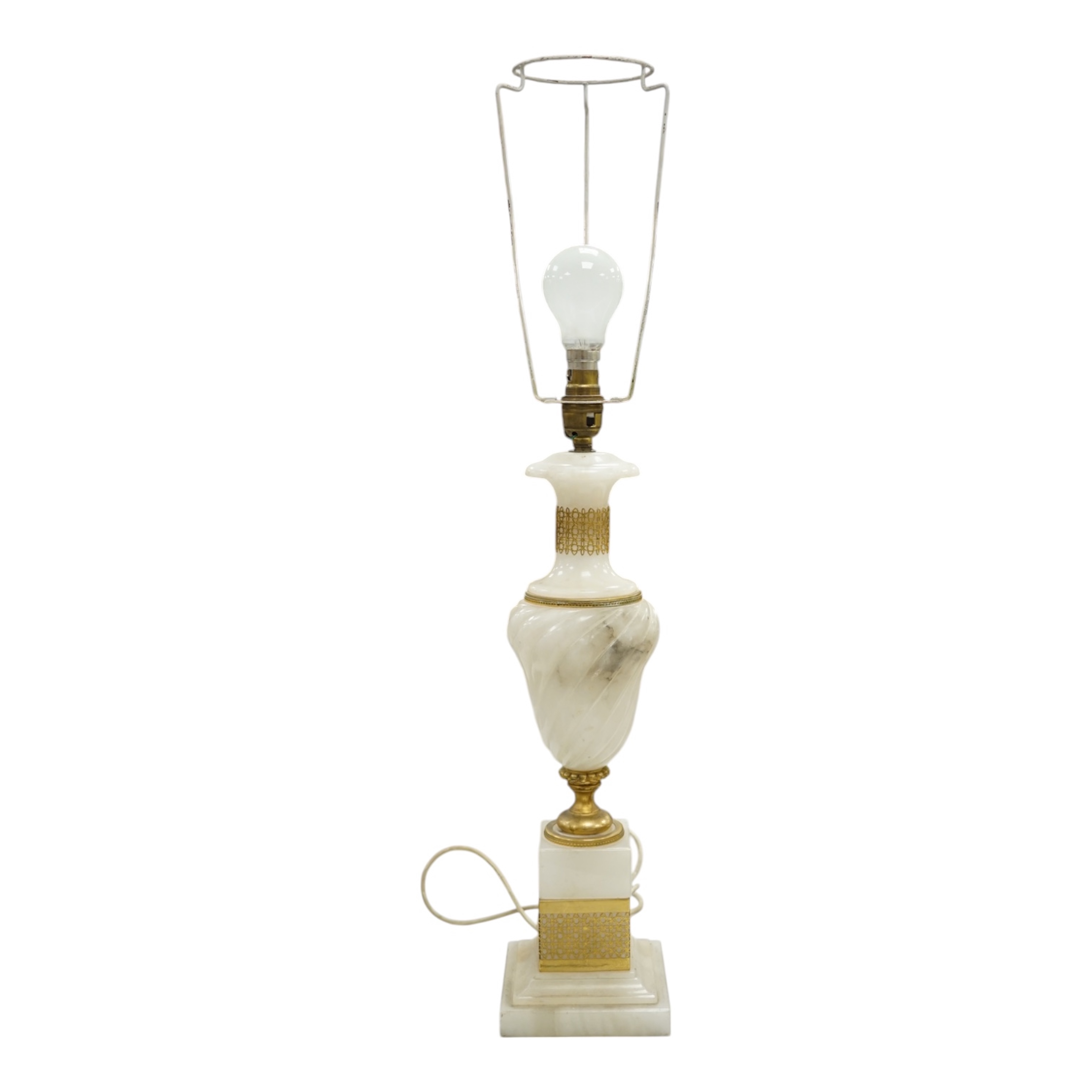 An alabaster and gilt table lamp, 44cm to top of alabaster. Condition - fair